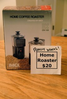 IMEX CR-100 home coffee roaster in its box with a $20 sale sign